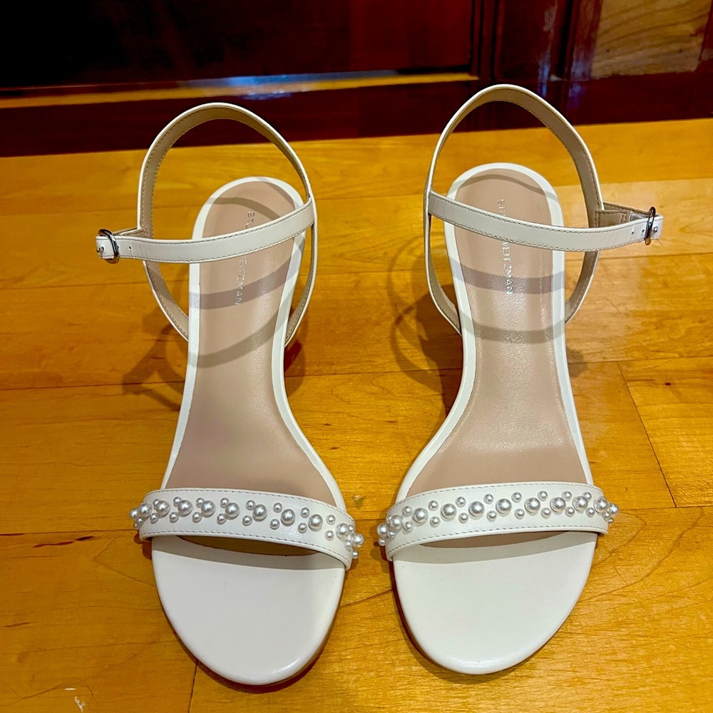 Stuart Weitzman White Sandals with Pearl Accents
